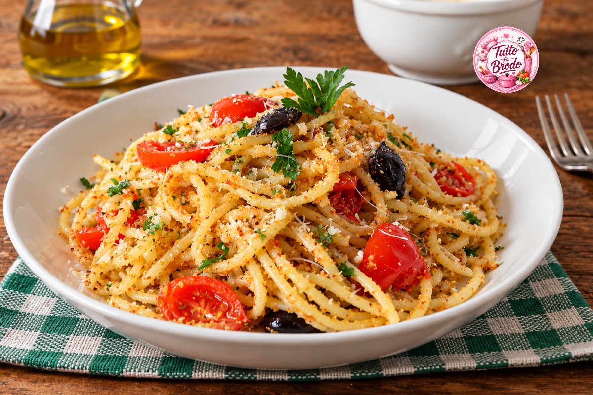 Pasta con la mollica Pomodorini e Olive Nere