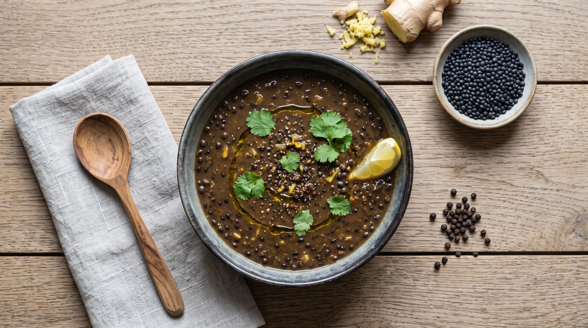 Zuppa di lenticchie nere e zenzero