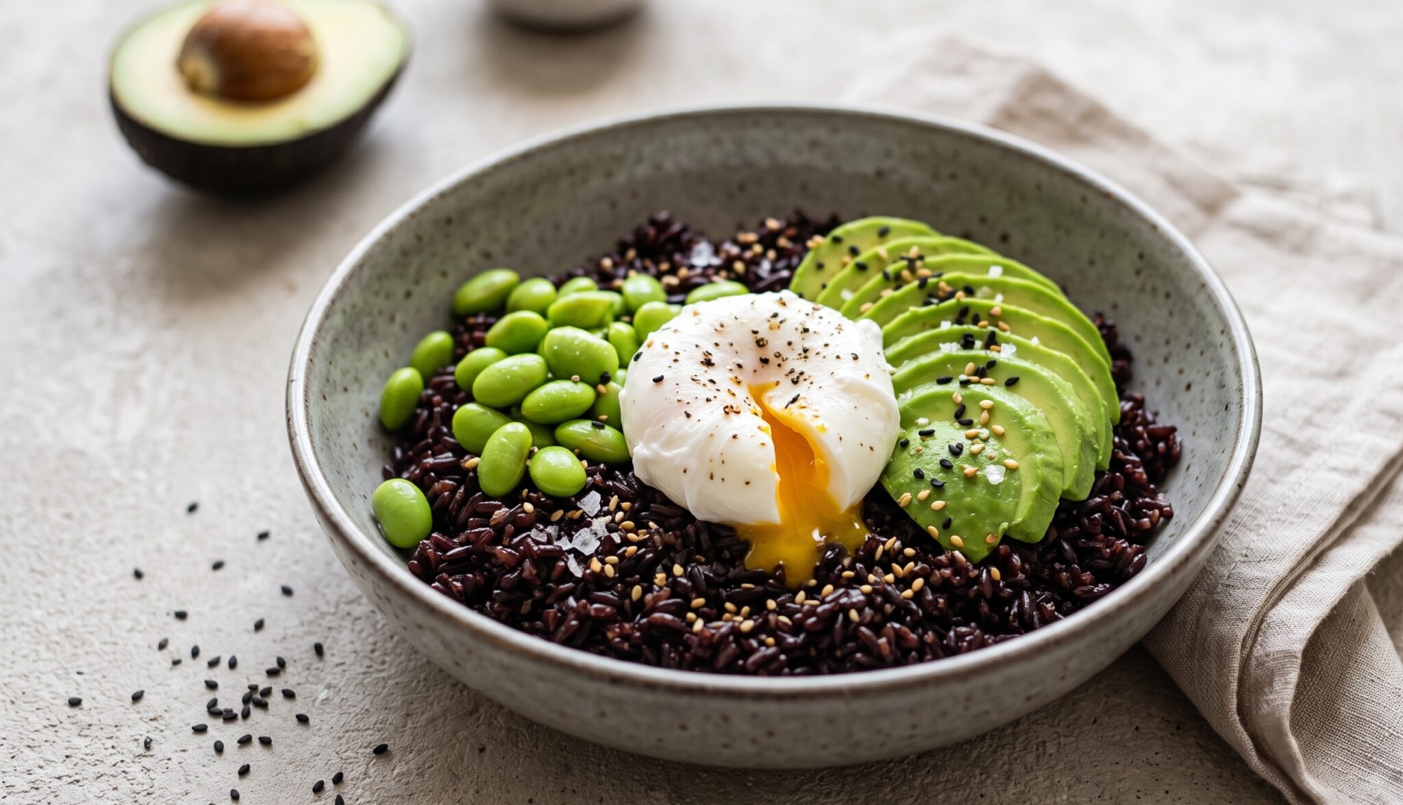 Bowl di riso venere, avocado e uovo pochè