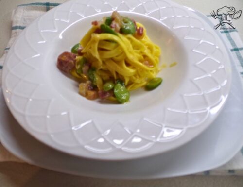 Chitarrine con fave e prosciutto