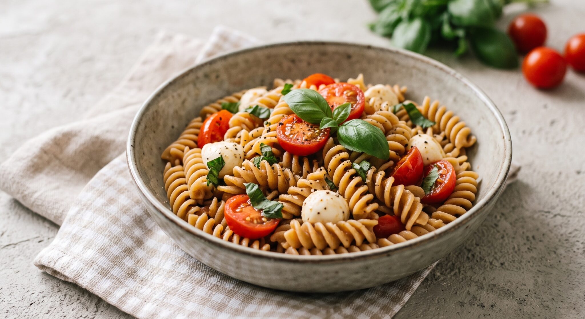 Pasta fredda con pomodorini mozzarella e basilico
