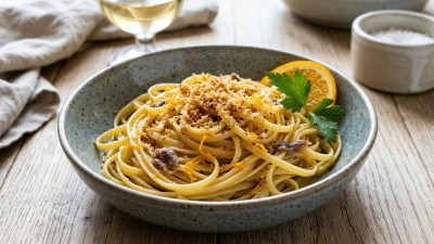 Linguine con pangrattato, arancia e acciughe