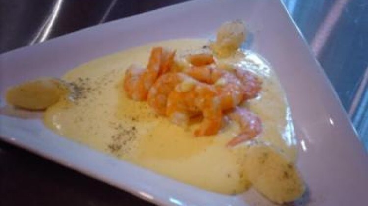 Gamberi su zabaione di Prosecco