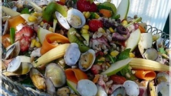 Insalata di farro e polpo con frutta e verdure marinate